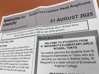 バリナにあるSt.Mary教会8月31日の週報。私たちの訪問を記載してくださっていました。